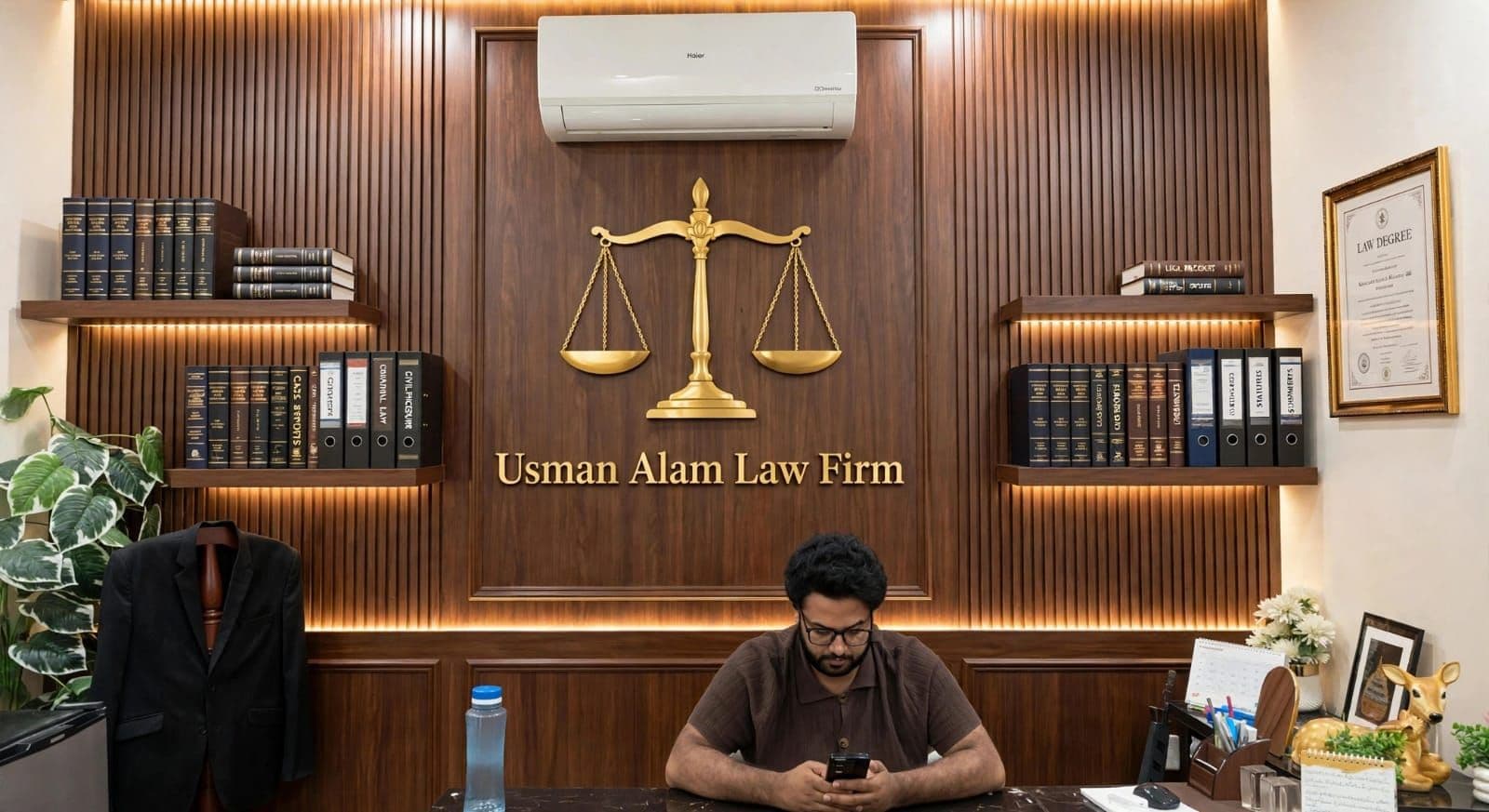 Reception of Usman Alam Law Firm: gold scales of justice and firm name on a wood-panelled wall